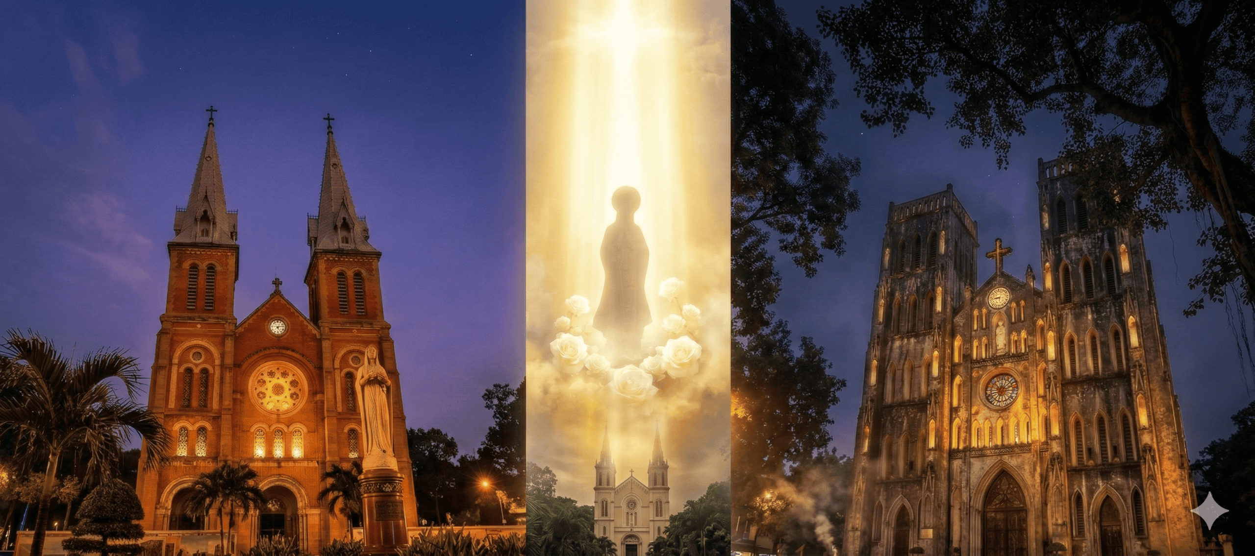 Three iconic European cathedrals at dusk and dawn, showcasing Gothic and Romanesque architecture.