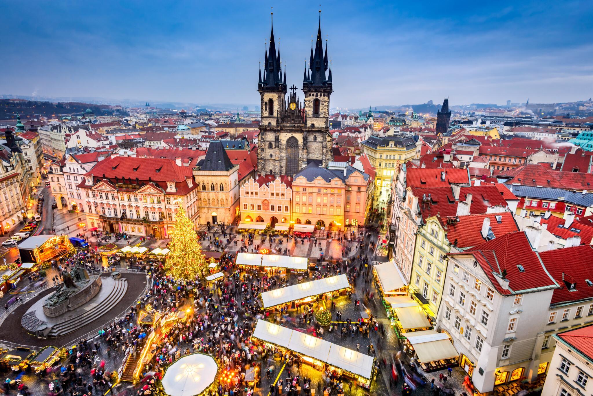 Prague, Czech Republic. Christmas Market in Stare Mesto old square, Tyn Church, Bohemia.